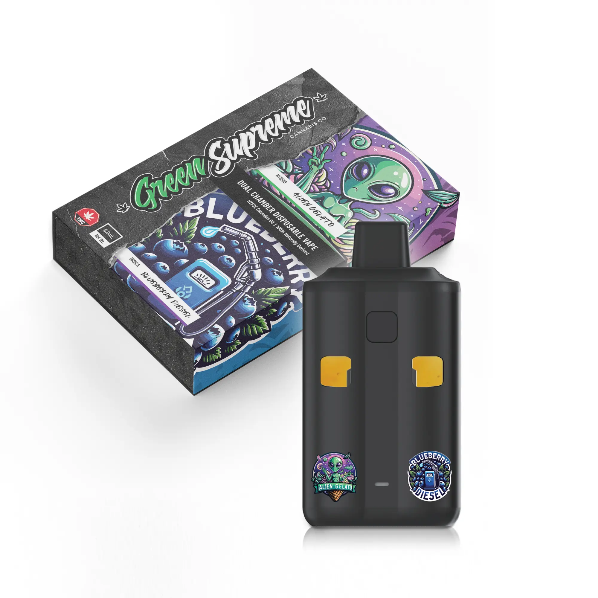 Switch between the creamy sweetness of Alien Gelato and the fruity fuel of Blueberry Diesel with Green Supreme’s trusted 6g dual chamber vape pen. Premium BC extracts