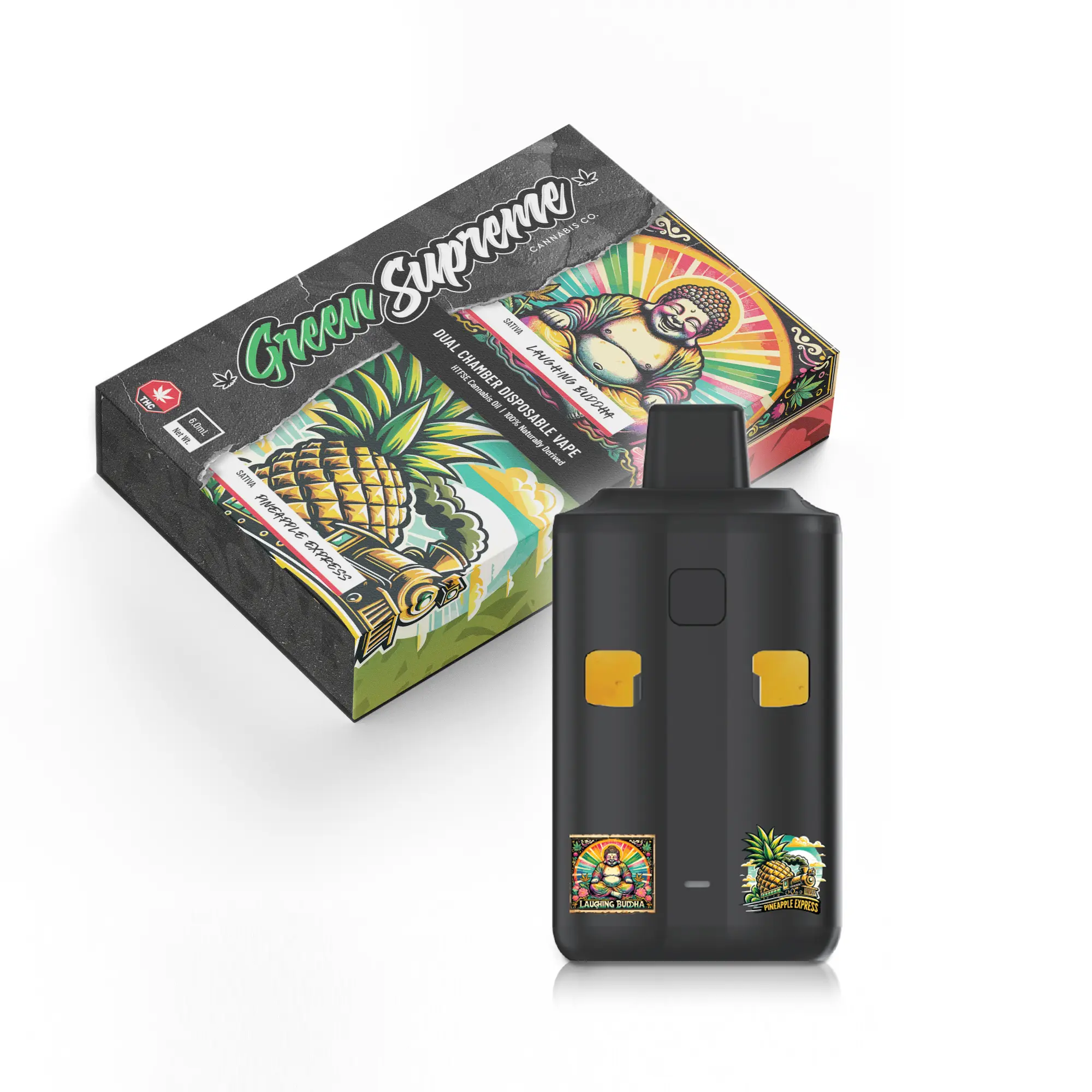 Double the tropical punch with Laughing Buddha and Pineapple Express. Green Supreme’s 6g dual chamber vape delivers fruity flavours and uplifting effects