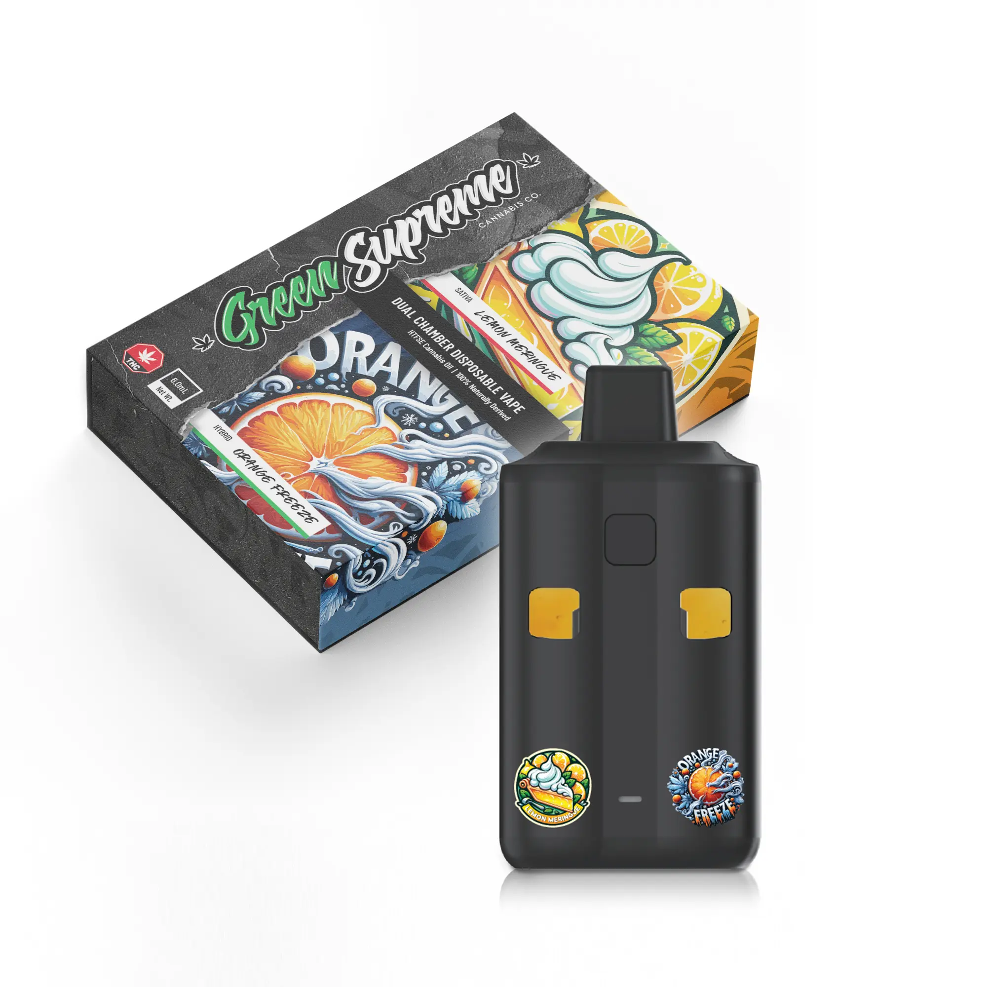 Taste the citrus spectrum with Lemon Meringue and Orange Freeze in one pen. Green Supreme’s 6g dual chamber vape combines sweet