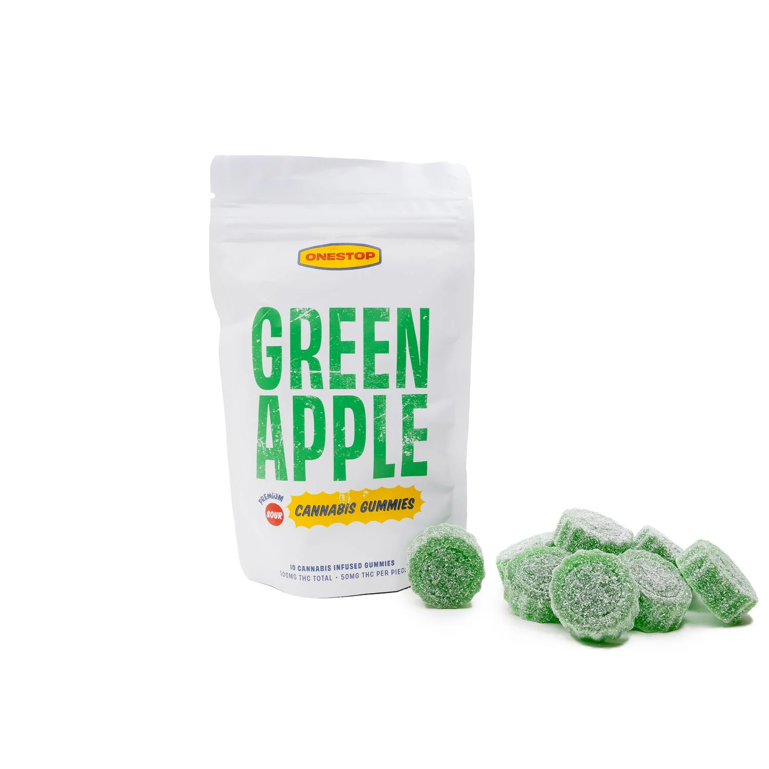 Crisp Green Apple OneStop Gummies with 500mg THC per bag. Each pack comes with 10 gummies at 50mg each