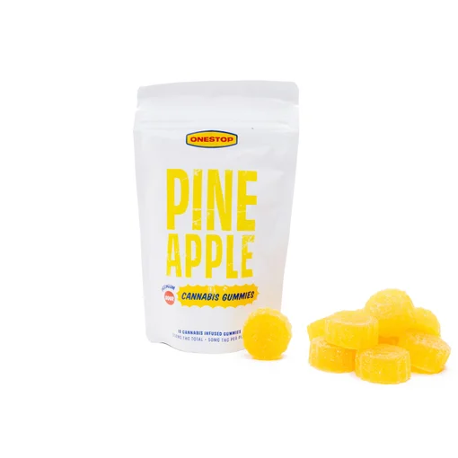 Tropical Pineapple OneStop Gummies with 500mg THC per bag. Each pack contains 10 gummies at 50mg each