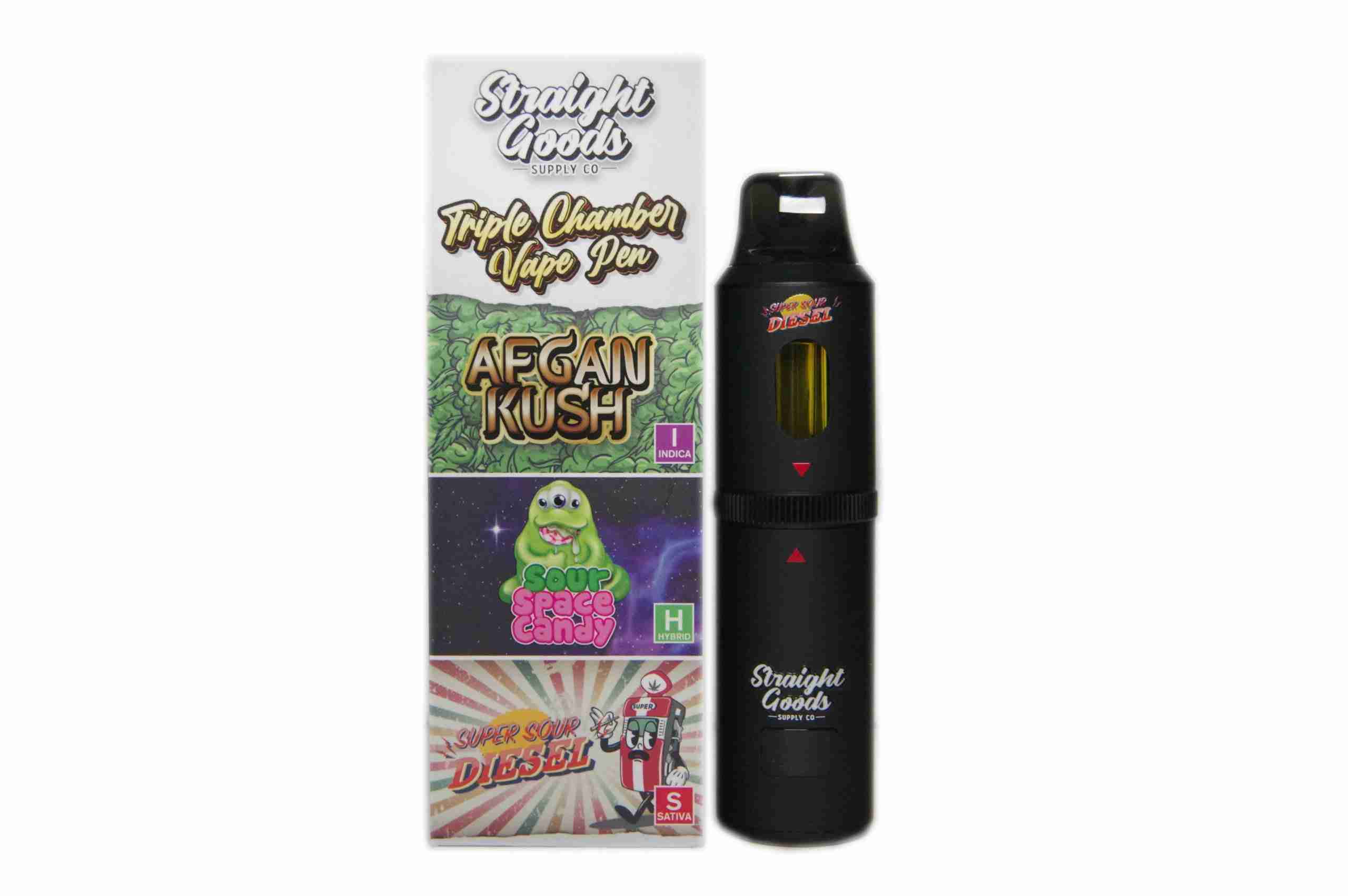 The Straight Goods 9g Triple Chamber Vape delivers three premium strains in one device: Afghan Kush