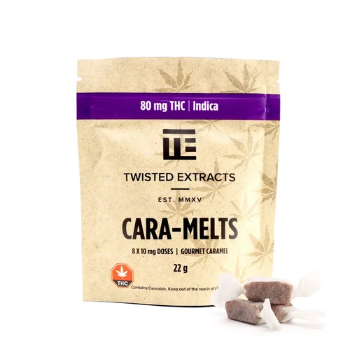 Smooth and creamy Indica Cara-Melts with 80mg THC per bag. Each pack includes 8 soft caramels at 10mg each