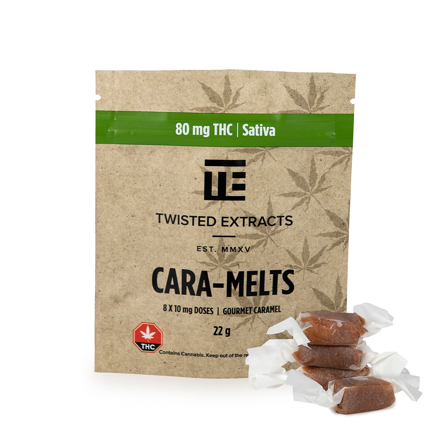 Buttery-smooth Sativa Cara-Melts with 80mg THC per bag. Each pack includes 8 soft caramels at 10mg each